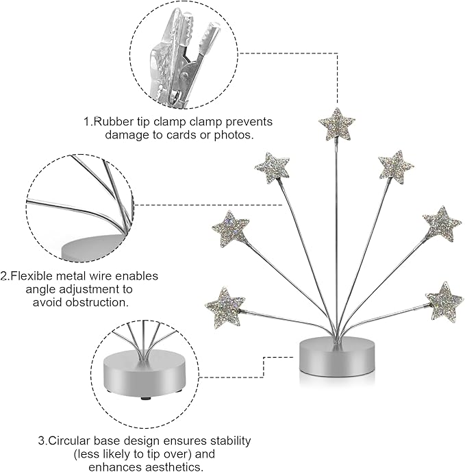 FaitAtten 7-Branch Family Desktop Photo Tree Holder Clip Round Base, Card Picture and Memo Desk Frame Display Stand for Wedding Party Christmas Photo Clip Holder Table Numbers (Stars)