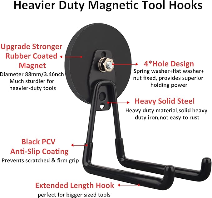 ULIBERMAGNET Strong Magnetic Ultimate Hooks,Large Magnet with Hooks for Heavy Duty Tools,Jig Saw,Hose, 2 Pack Heavy Duty Magnetic Hooks for Hammer Drill,Circular Saw,Garden Tool(3.46inch/Black)