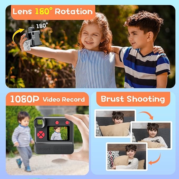 Instant Print Camera for Kids, 1080P Kids Instant Cameras,HD Digital Video Cameras Toddler 3 Print Paper & 32G Card,Christams Birthday Gifts for Girls Boys Age 3-12 (Black)