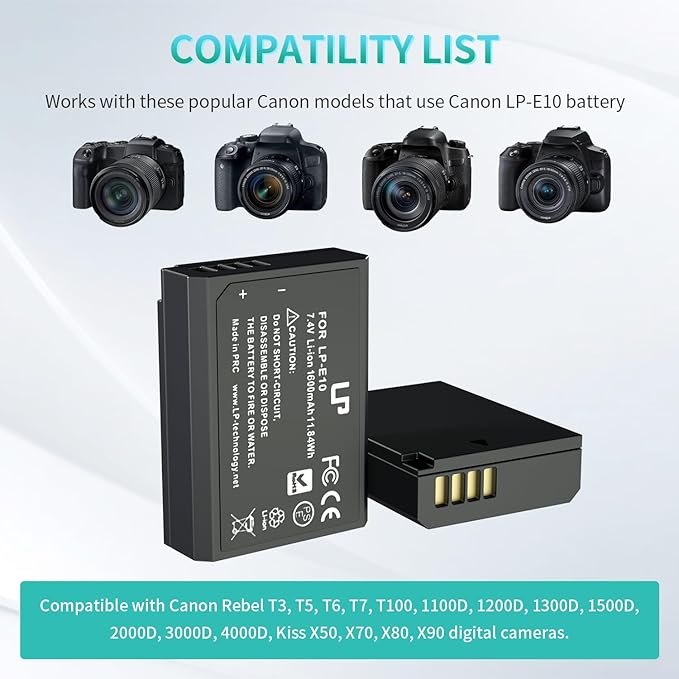 LP LP-E10 Battery Charger Pack, 1600mAh 2-Pack Battery & Dual Slot Charger, Compatible with Canon EOS Rebel T7, T6, T5, T3, T100, 4000D, 3000D, 2000D, 1500D, 1300D & More (Not for T3i T5i T6i T6s T7i)