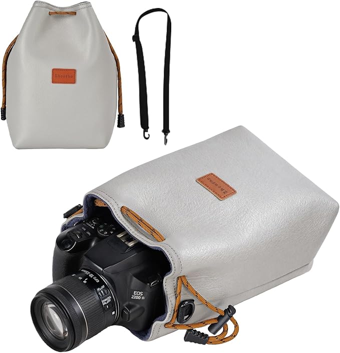 Professional Camera Storage Bag, Light Gray, pu, Drawstring Closure, Shoulder Strap, Padded Interior with Divider, Suitable for cameras of multiple brands