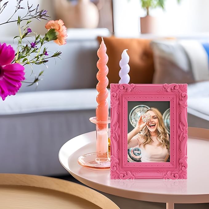 Small 5x7 Picture Frame with Velvet Finish, Cute Pink Decorative Photo Frame for Girly Women Bedroom Living Room, Vintage Ornate Frame for Modern Home Office Decor (Pink)