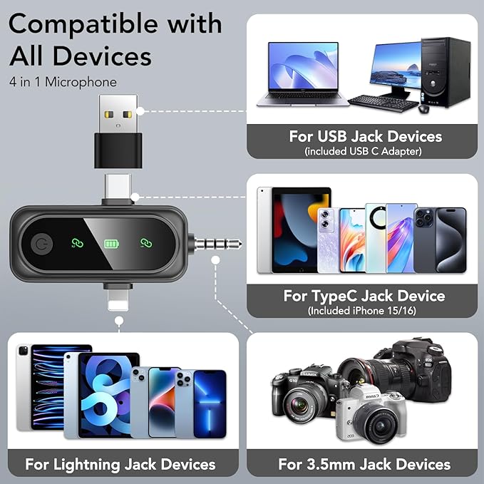 3 in 1 Mini Wireless Lavalier Microphone for All Devices (iOS, Andriod, Camera, PC) - Noise Reduction Lapel Mic for Recording, Clip on Omni Lav Mic for Video Recording, Tiktok, YouTube, Vlog