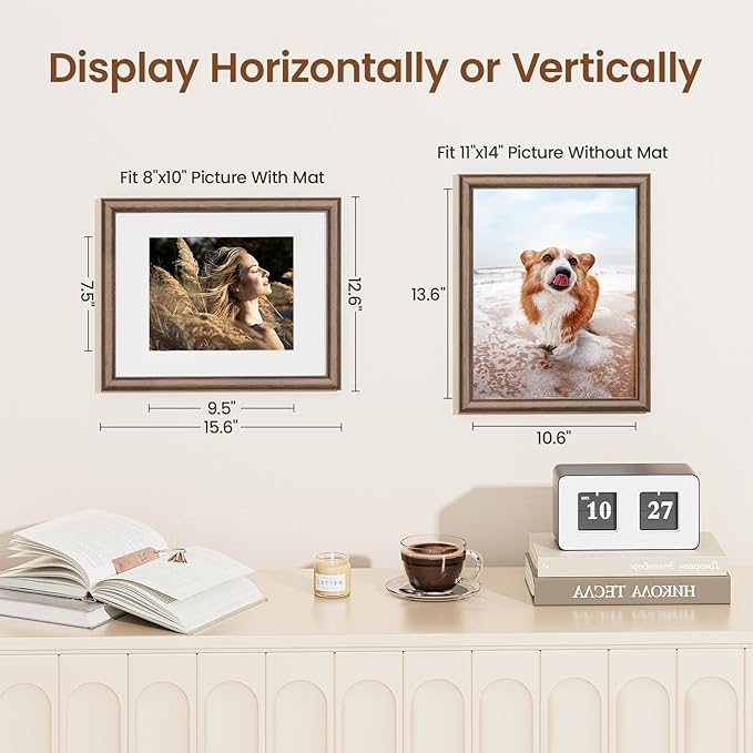 11x14 Picture Frame, USA-Sourced Walnut Wood with Tempered Glass, Display 8x10 with Mat or 11x14 Without Mat, 11 by 14 Photo Frame for Vertical & Horizontal Display, Handcrafted Wood Frame, 3 Pack
