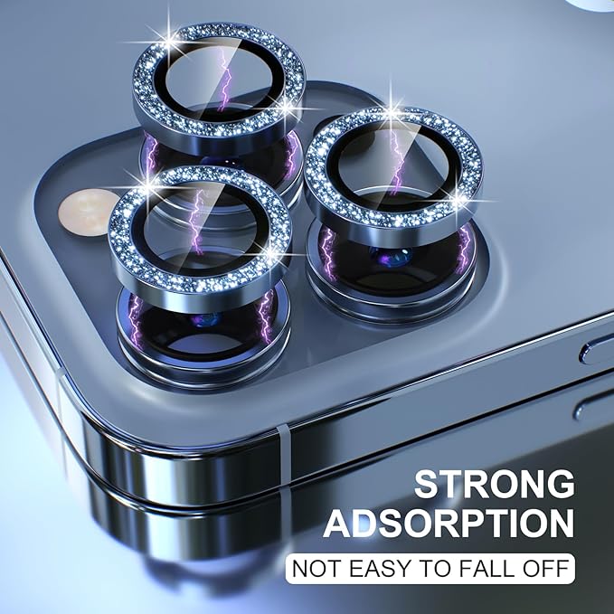 Choiche Compatible for iPhone 13 Pro/iPhone 13 Pro Max Camera Lens Protector Bling, 9H Tempered Glass Camera Cover Screen Protector Metal Ring Decoration Accessories (Glitter-Sierra Blue)