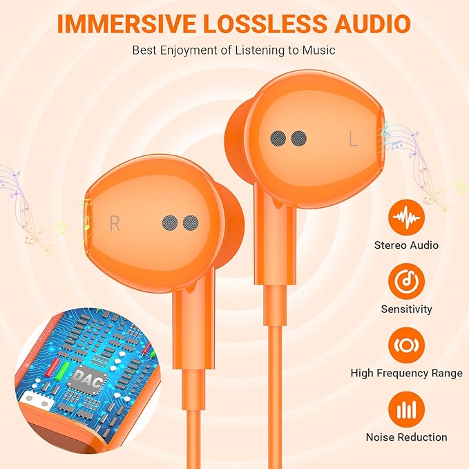 USB C Headphones for iPhone 17 Pro Max Air 16 15, Type C Earphones with Microphone Magnet Stereo Wired Earbuds for Samsung Galaxy S26 S25 Ultra S24+ 23 A53 S21 S20 FE Flip 7 6 Fold/Pixel 10 9, Orange
