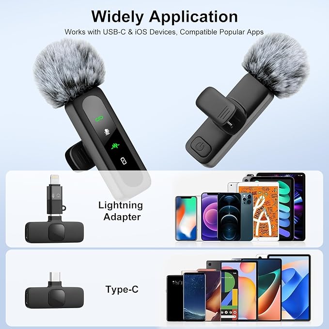 Wireless Mini Microphone for iPhone-Noise Reduction Lapel Mic for Ipad, Android,Clip-on Mini Microphone,Ideal for Vlog Tiktok YouTube Podcast Content Creator