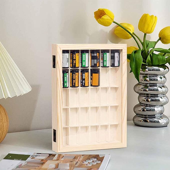 Wooden Film Cassette Display Case - 30 Slot 135 Film Storage Box, Minimalist Dust Proof Organizer for 35mm Camera Film - Solid Wood Photography Collectors Box (11.6x8.5x1.8in)