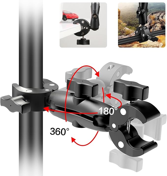 PULUZ Super Double Camera Clamp Mount, Crab Plier Clip Bracket Magic Arm Double Ball Head Adapter Umbrella Clamp for Motorcycle, Bike, Cross Bars, Desktop, Light Stand, Photo Boom Stand