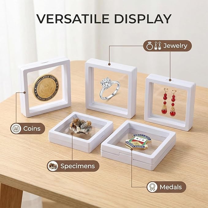 6 Pack 3D Floating Display Case, Clear Jewelry Display Box with Suspended Film, Transparent Storage Holder for Rings, Earrings, Coins, Stones, Plant Specimens & Collectibles (White)