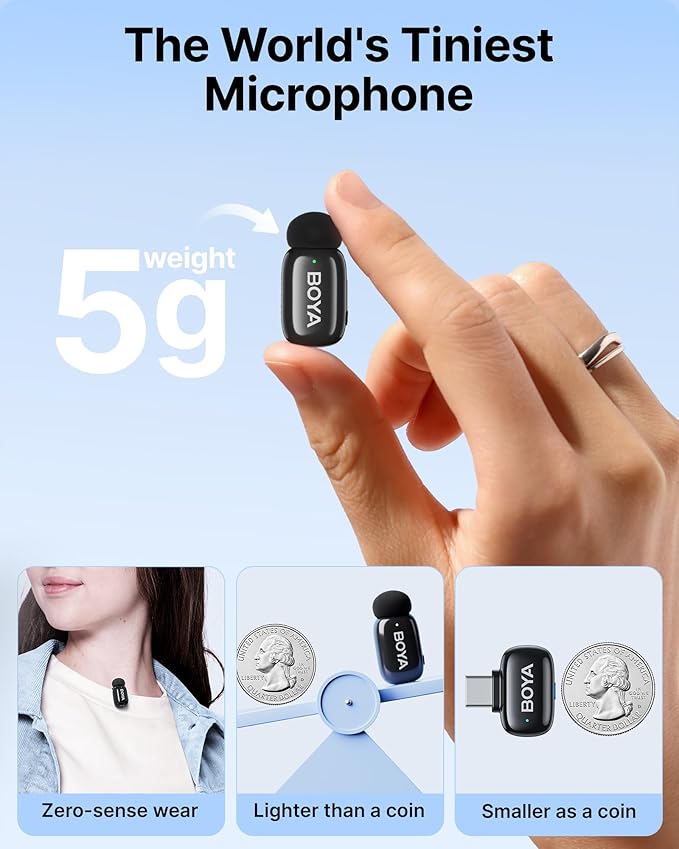 BOYA mini Wireless Microphones for iPhone 15-16/Android/PC with USB-C Plug,3-Level AI Noise Cancellation,Voice Changer,328ft 6h Battery for Video Recording Podcast Interview(1TX+1RX, No Charging Case)