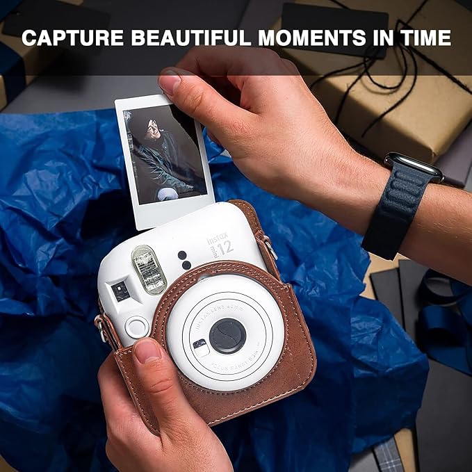 CAIYOULE Protective Camera Case for Instax Mini 12 Instant Camera Fuji Mini 12 Case PU Leather Carrying Bag with Adjustable Shoulder Strap & 64 Pockets Photo Album - Brown