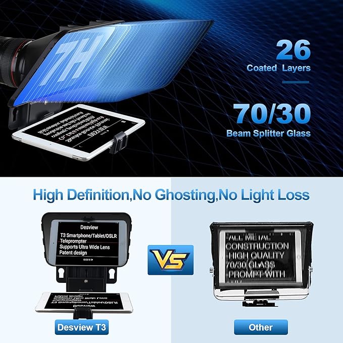 Desview T3 Portable Teleprompter for iPad Tablet iPhone up to 10 inch High Definition 70/30 Beam Splitter Glass with Remote Control for DSLR Camera Smartphone Video Recording (9 Lens Adapter Ring)