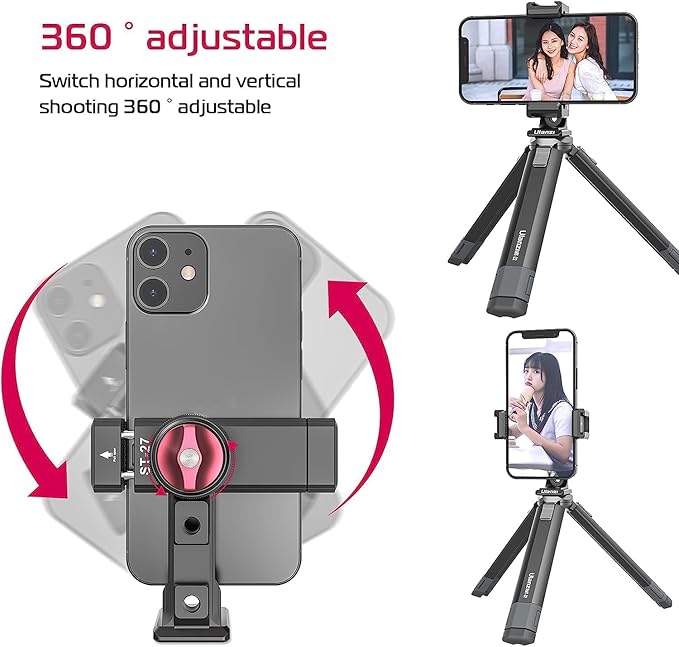 ULANZI ST-27 Metal Phone Tripod Mount, 360° Phone Holder for Tripod w 3 Cold Shoes & Arca Port, Versatile Smartphone Adapter for iPhone 17 16 15, Desktop Tripods, and Live Streaming/Vlogging Setup