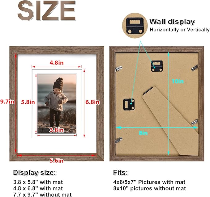 KINLINK 8x10 Picture Frame Brown Wood, Solid Wood Frames with Acrylic Plexiglass for Pictures 4x6/5x7 with Mat or 8x10 without Mat, Tabletop and Wall Display Photo Frame, Set of 4