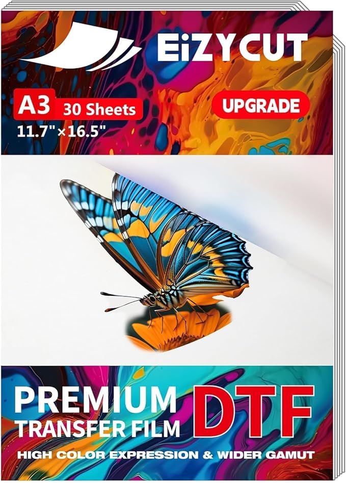 EIZYCUT DTF Transfer Film - A3 30 Sheets 11.7"x16.5" Double-Sided Matte, Premium DTF Film Paper for All Dark Fabric Textile and Colors T Shirts