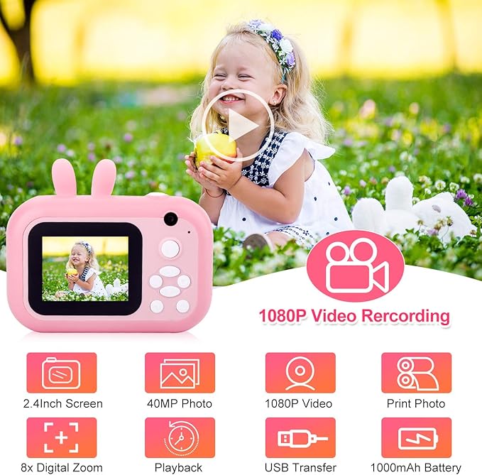 MINIBEAR Kids Camera Instant Print Camera for Kids Digital Camera Toddler Toys Christmas Birthday Gifts for 3 4 5 6 7 8 9 10 Year Old Boys Girls, Pink