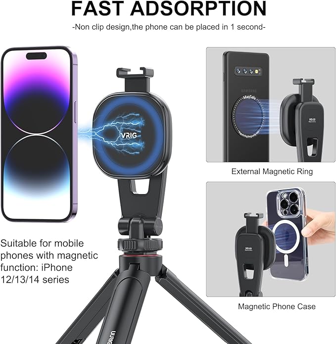 VRIG MG-03 Magnetic Phone Tripod Mount, Tripod Mount for Magsafe Cold Shoe for iPhone 16 15 14 13 12 Series, Magnetic Ring Compatible with All Phones & Cases, 360° Rotation, for Tripods, Cameras