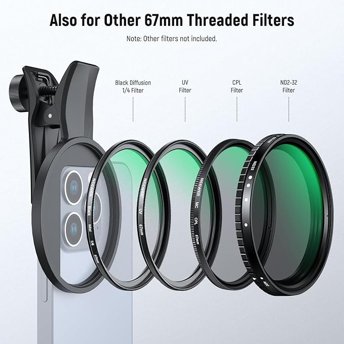 NEEWER 2 in 1 67mm Clip On CPL & Black Diffusion 1/4 Filter Compatible with iPhone 17 16 15 Pro Max Plus 16e 14 13 Mini 12, Circular Polarizing Phone Camera Lens Photography Accessories Kit, FL-B35