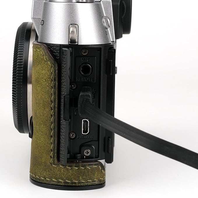 Handmade Genuine Leather Camera Half Case for Fujifilm X-T50 - Top Layer Cowhide Body + Hand Sewn Saddle Stitch + Metal Base Plate + Hand Shank Free 4-in-1 Design (Dark Green)