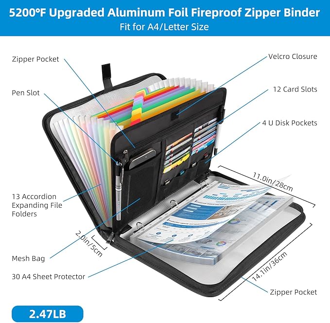 5200℉ Fireproof Document Organizer with 13 Accordion Expanding File Folder, Aluminum Foil Zipper Binder with 30 A4/Letter Sheet Protector, Binder for School Office Home Storage (Black)