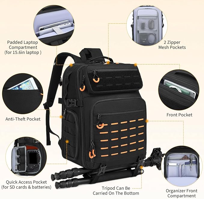 HAMBOLY Professional Camera Bag Backpack, Large Waterproof Photography Bag Case for DSLR/SLR/Mirrorless Camera with Tripod Holder/15.6’’ Laptop Compartment/Rain Cover