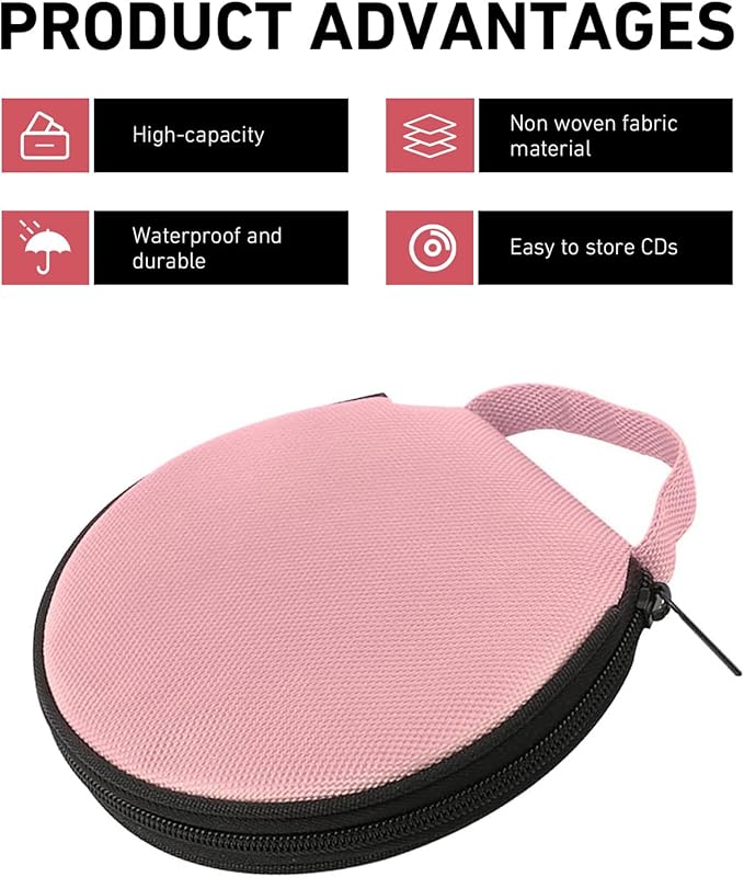 1 PC Car CD Case, Oxford Cloth Round CD Storage Bag with Handle, Waterproof Portable Large Capacity DVD Wallet File Organizer, Universal for Most Cars, Homes (Pink)
