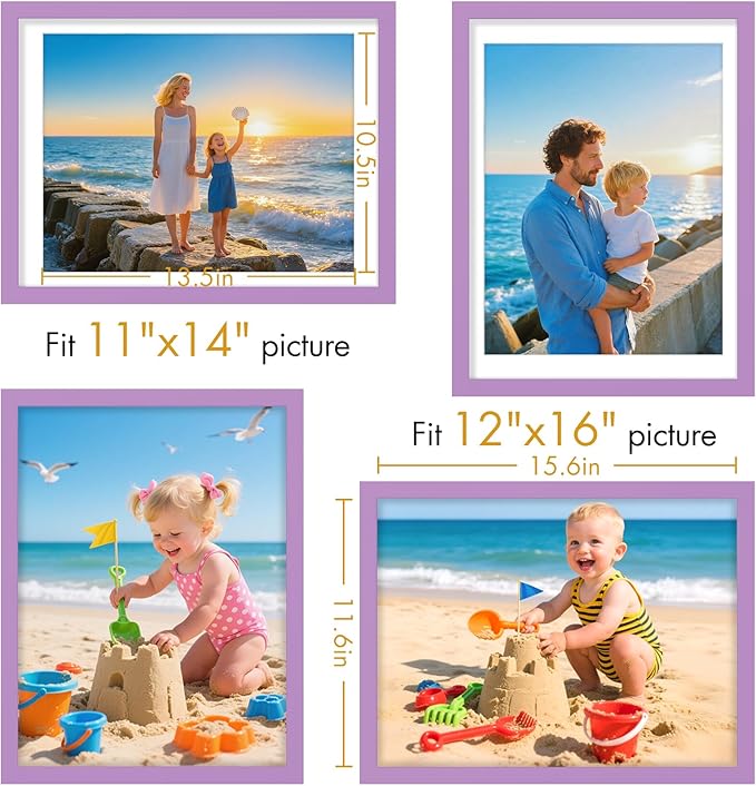 Vittanly 12x16 Picture Frame, Made of Solid Wood and Shatterproof Plexiglass, Display Pictures 11x14 with Mat or 12x16 without Mat, Wooden Photo Frame for Wall Mounting, Purple, 1 Pack