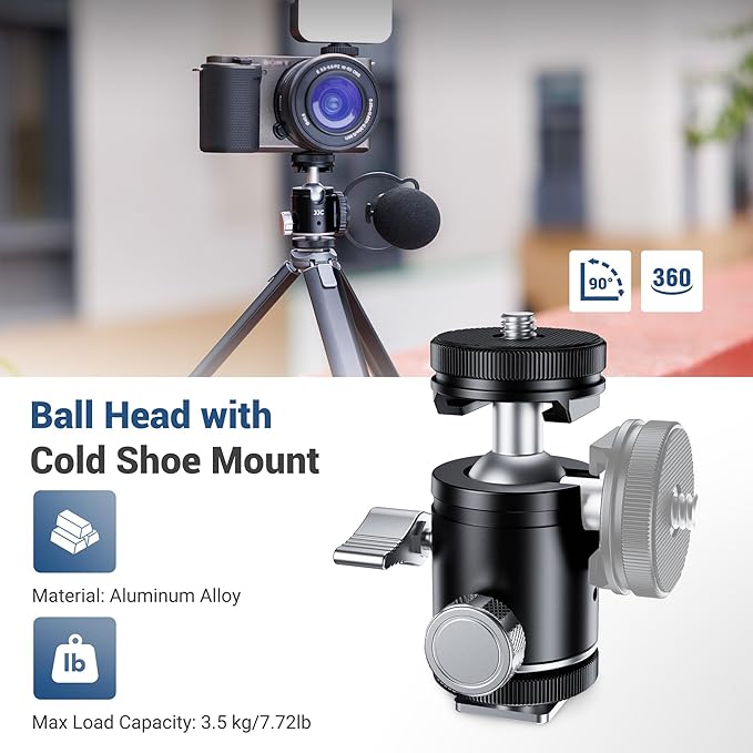 JJC 1/4''-20 Camera Tripod Ball Head Mount Adapter, Mini Ballhead with Cold Shoe Mount for Camera DSLR Tripod Selfie Stick LED Light Flash Microphone Phone Cage, 360-Degree Rotation, 90-Degree Tilt