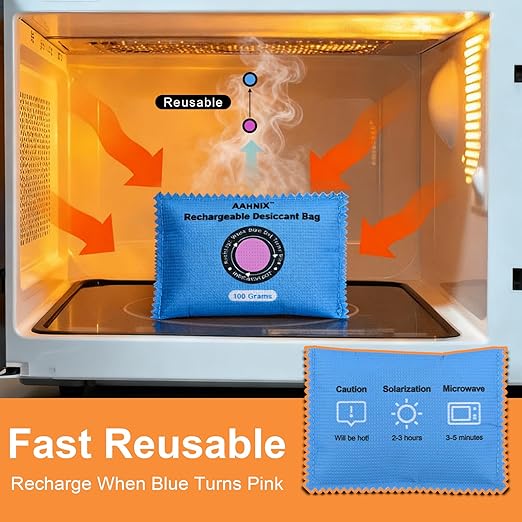Silica Gel Desiccant Packets, Indicating Rechargeable Desiccant Packs for Storage, 100g×2pcs Moisture Absorbers for car Gun Safe Wardrobe 3D Filaments Electronics