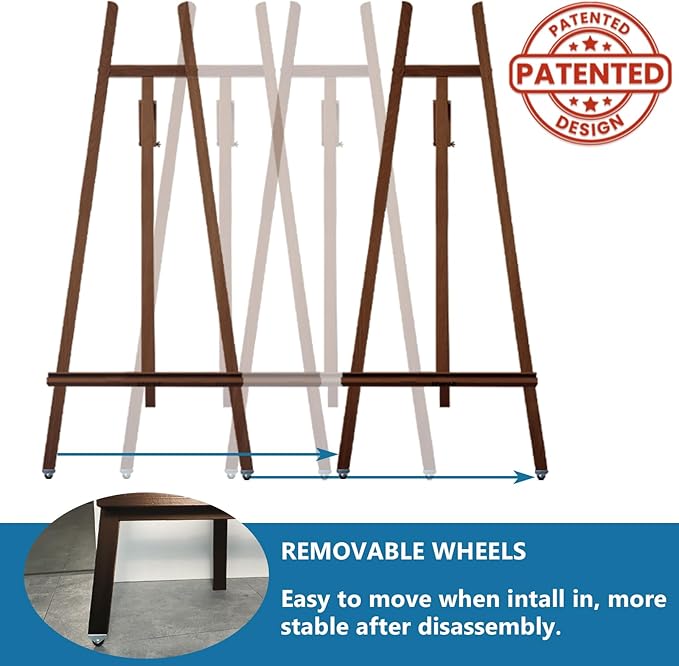 Somime A - Frame Wooden Display Easel with Wheels - Adjustable Lyre Beechwood Studio Easel Stand Holding Canvas Up to 90", Inclinable Artist Floor Painting Easel for Artwork Painting, Brown