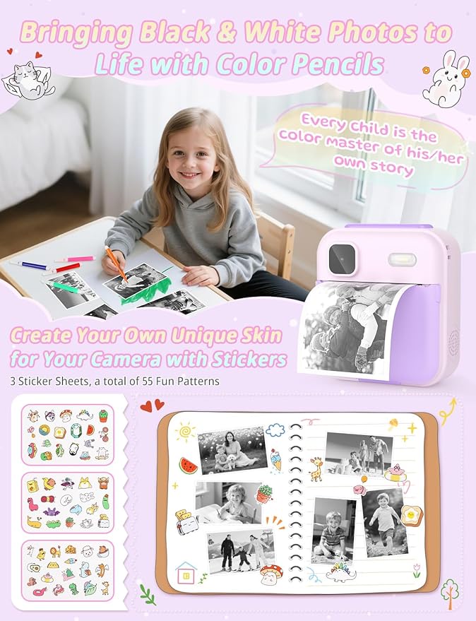 Kids Camera Instant Print, 1080P HD Digital Video Kids Instant Camera for Girl Boys, Toddler Toys for Children Age 3-12 with 3 Rolls Print Paper & 32G Card (Purple)