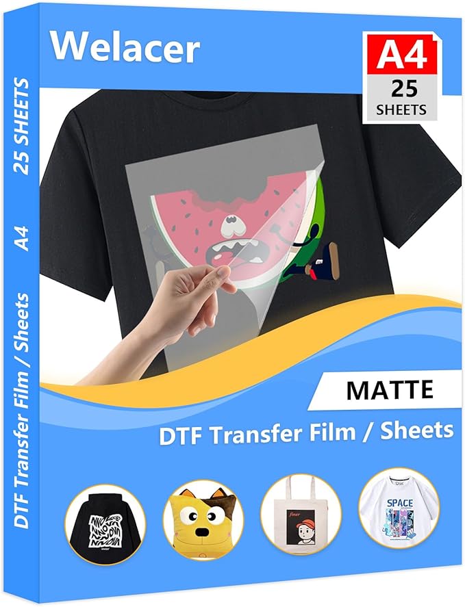 DTF Transfer Film A4 25 Sheets for Sublimation or DTF Inkjet Printer, Double-Sided Matte PET Heat Transfer Paper, Direct Printing on T-Shirt and All Color Fabrics