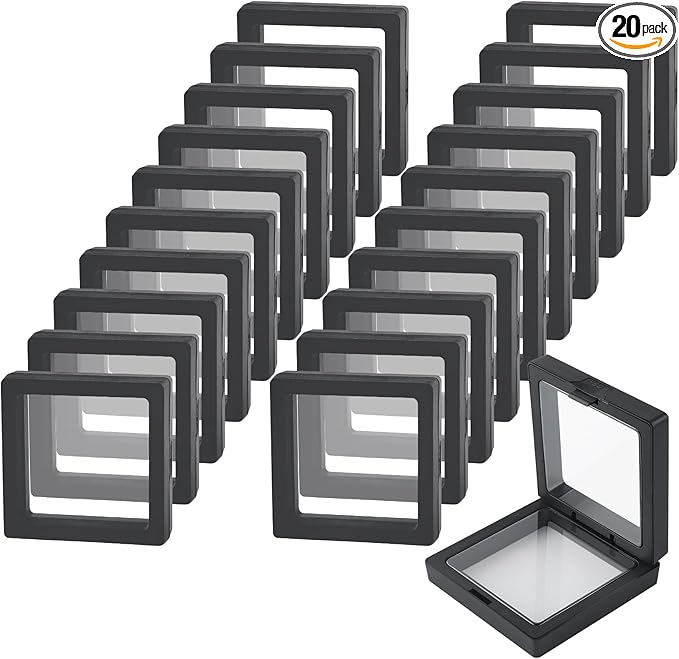 20 Pcs Black Seashell Holder, 3D Floating Display Box 2.7 x 2.7 Inches, Transparent Display Case for Sea Shell Collectibles, Jewelry, Rings, Crystal, Badges, Coastal Decor