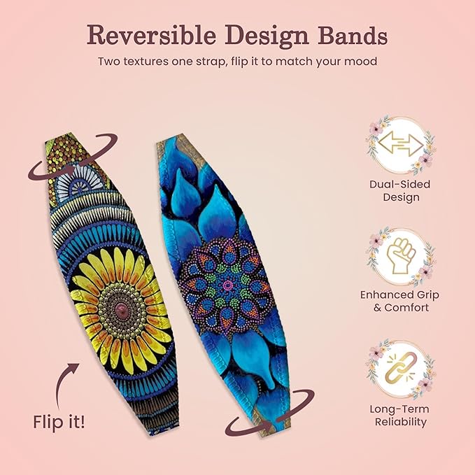 Switchbands Universal Phone Grip Strap Pack of 2, Wireless Charging Compatible, Reversible & Customizable Slim Phone Grip Holder for iPhone, Samsung & Other Phone Cases - Yellow & Blue Mandala