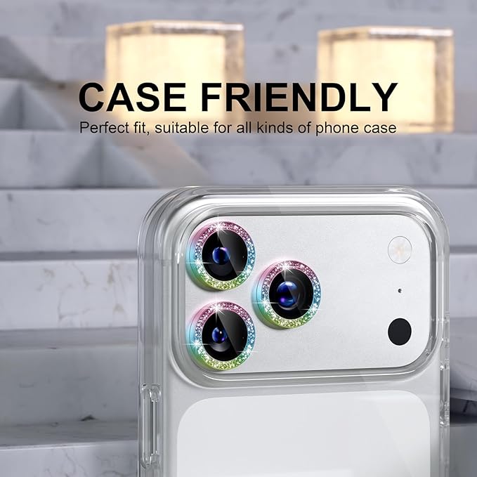 Choiche Compatible for iPhone 17 Pro/iPhone 17 Pro Max Camera Lens Protector Bling, 9H Tempered Glass Camera Cover Screen Protector Metal Ring Decoration Accessories (Glitter-Colorful)