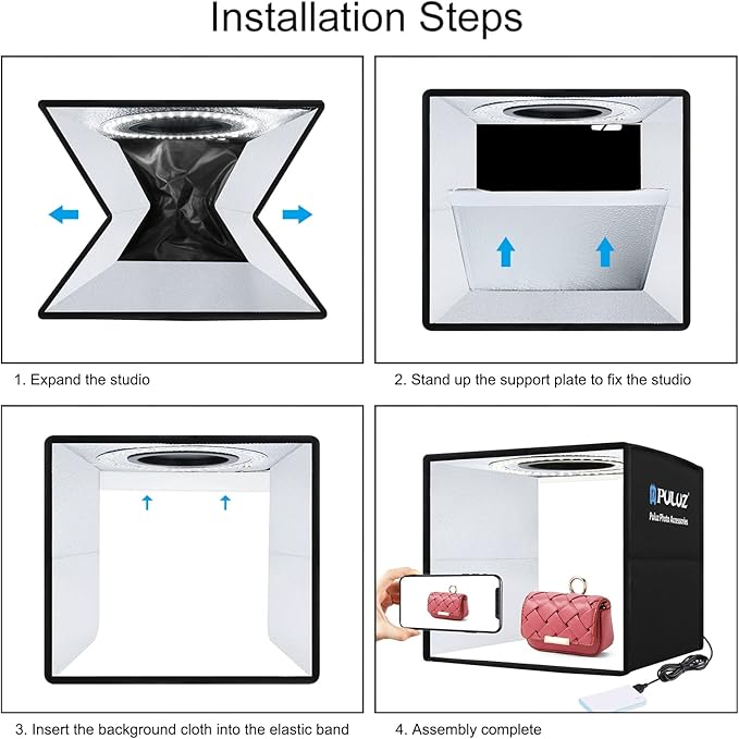 PULUZ Mini Photo Studio Light Box, Portable Folding Photography Light Booth, CRI>95, 96pcs LED Light+6 Kinds Double-Sided Color Backdrops for Small Products(9.8 x 9.8 inch)