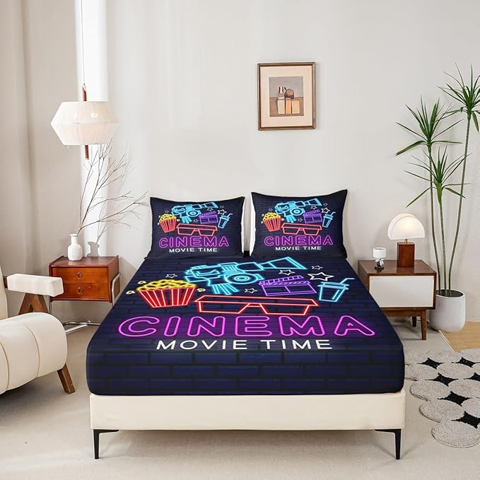 Erosebridal Movie Bed Sheets Set for Boys Girls Family Home Theater Decor Sheet Set Full Size Retro Film Style Sheets Movie Themed Fitted Sheet Vintage Popcorn Print Flat Sheet