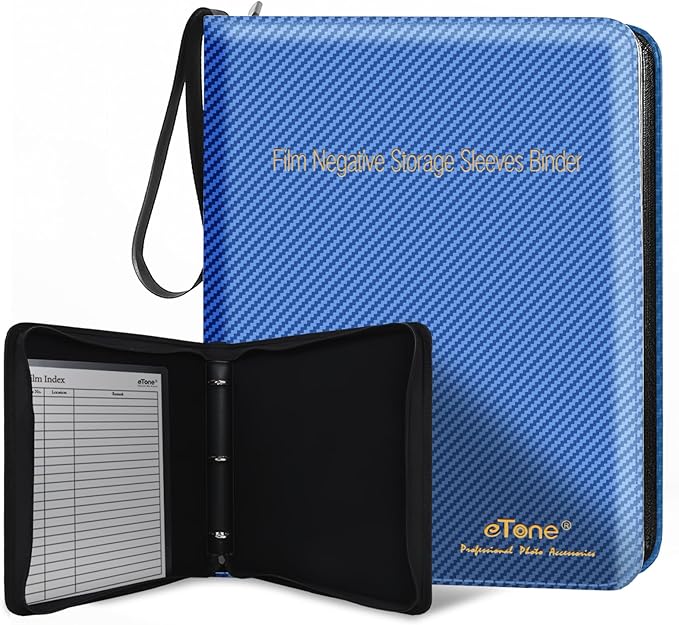 eTone Film Negative Storage Box, PU Leather 3-Ring Binder Album, Gold Foil, 13.18x7.08x1.96 Inch, Velvet Lined for 35mm 120 4x5 8x10 Negatives (Blue)