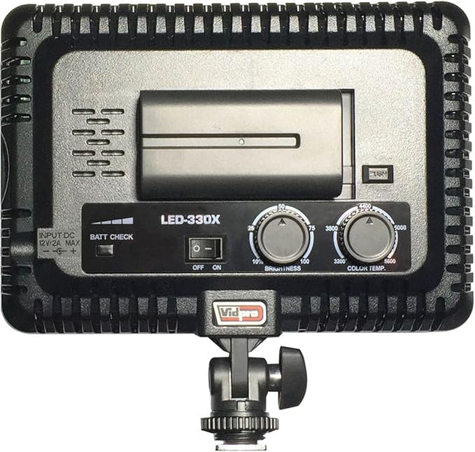 Vidpro LED-330X Photo and Video Light Kit - On Camera Panel LED Light - Adjustable and Dimmable 3200K-5600K Variable Color Light Fits Cameras w/Hot Shoe Includes Rechargeable Battery Diffuser