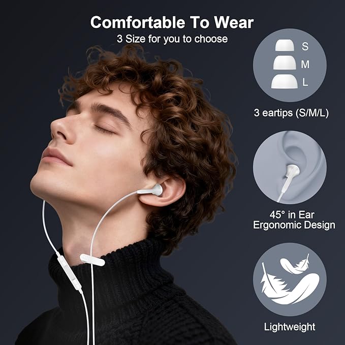 USB C Headphones for iPhone16/15, iPhone Wired Earbuds with Microphone Noise Cancelling Usbc Wired Earphones for Samsung Galaxy A17 iPhone 17Pro Max iPad Pro Wired Ear Buds TypeC Plug, White