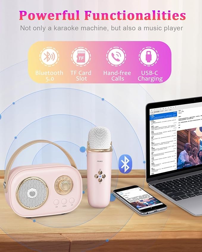 PRUNUS C20 Mini Karaoke Machine,Valentines Day Gifts for Her Him Kids Mens,Portable Bluetooth Speaker with 2 Wireless Microphone for Boys Girls 3-12+ Years Old Birthday Party Pink