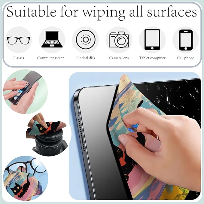 CREATCABIN 6 Packs Cute Cat Glasses Cleaning Cloth Microfiber Cloth Soft Multi-Color Sunglasses Cleaner Cloths Reusable Thicken Wipes Cloths for Eyeglasses Camera Cell Phone Lens Screens 6 x 6 Inch