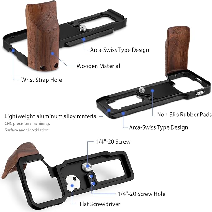 Leftfoto A7CR/A7C II Handgrip L-Shape Bracket with Wooden Grip for Sony A7CR/A7C2 Camera,with Built-in Bottom Arca Quick Release Plate,Ergonomic Retro - Styled Side Handle for Enhanced Grip