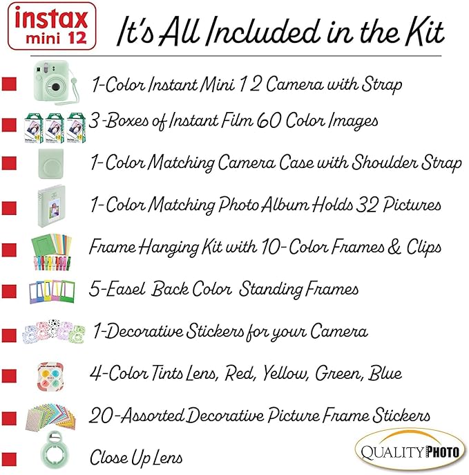 Fujifilm Instax Mini 12 Instant Camera + 60 Photo Prints + Quality Photo Value Bundle, Case, Decoration Stickers, Frames, Photo Album, (Mint Green)