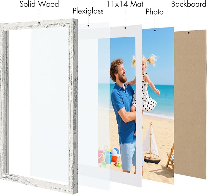 Vittanly 12x16 Picture Frame, Made of Solid Wood and Shatterproof Plexiglass, Display Pictures 11x14 with Mat or 12x16 without Mat, Wooden Photo Frame for Wall Mounting, Distressed White, 1 Pack