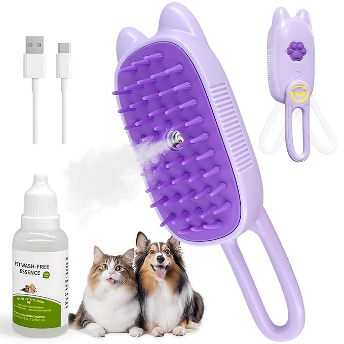 Pet Steam Brush for Dogs and Cats, Spritz Defur Comb 3 in 1 Pet Rechargeable Steam Brush Tool for Long and Short Haired Cats and Dogs, Anti-Static, Shedding, Detangling, Massage & Combing (Purple)