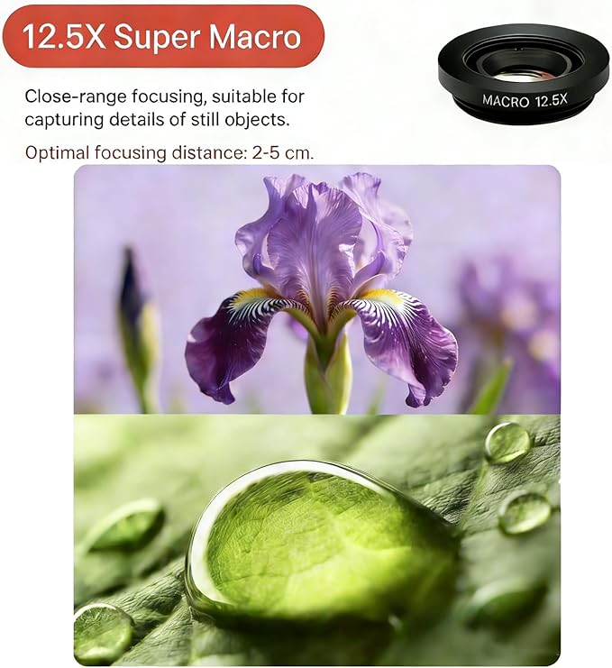 Phone Camera Lens Kit 2 in 1, 0.45X Wide Angle Lens+ 12.5X Macro Lens, Cell Phone Len Attachments Accessory for iPhone, for Samsung, for Android Smartphone