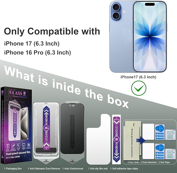 CHRYSHA Matte Privacy Screen Protector for iPhone 17, iPhone 16 Pro 6.3-Inch, Auto Dust Removal, 9H Anti-Spy Tempered Glass Film, Full Cover, Anti-Fingerprint, Easy Installation, 2 Pack