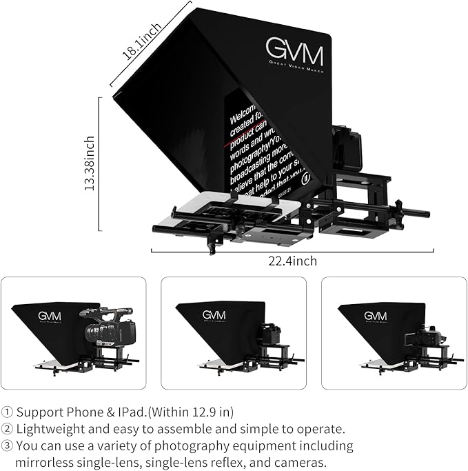 GVM Teleprompters for ipad Tablet DSLR Camera Portable 18'' Teleprompter Kit with Remote Control & App,Solid Aluminum Constructions,Colorless Spectroscope,Ultra HD Wide-Angle Lens